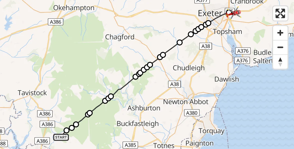 Flight route Air Ambulance Helicopter Shaugh Prior - Clyst St Mary, 07 May 2026, 19:25