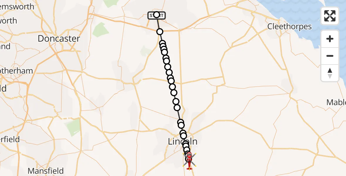 Flight route Air Ambulance Helicopter Scunthorpe Hospital - North Kesteven, 07 May 2026, 19:26