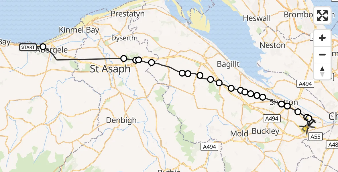Flight route Police Helicopter Llanddulas - Hawarden Airport, 07 May 2026, 19:27