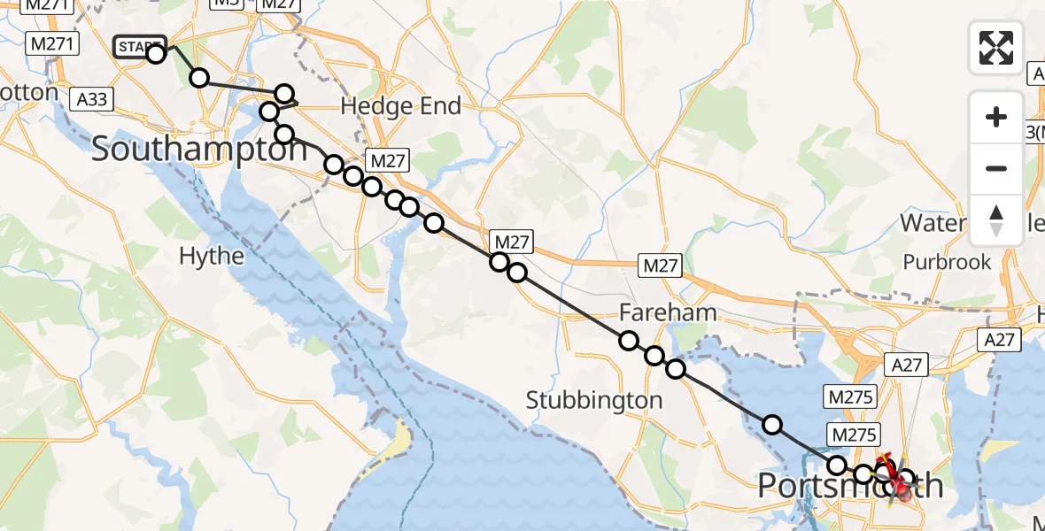 Flight route Air Ambulance Helicopter University Hospital Southampton - Fratton, 07 May 2026, 19:35