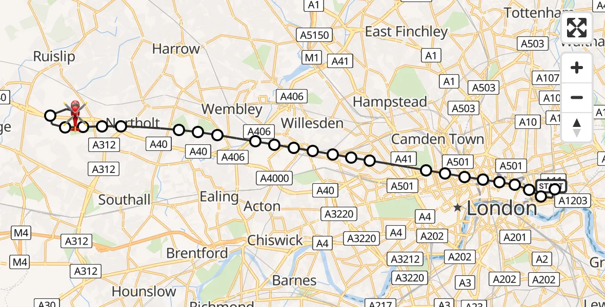 Flight route Air Ambulance Helicopter Royal London Hospital - RAF Northolt, 07 May 2026, 19:38