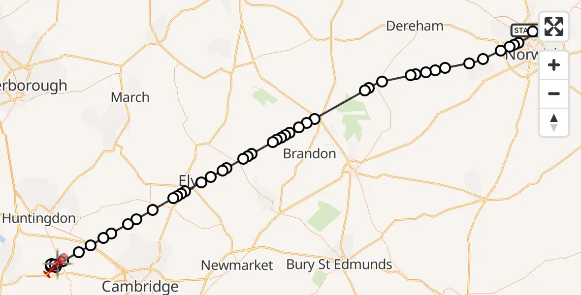 Flight route Air Ambulance Helicopter Norwich Airport - Huntingdonshire, 07 May 2026, 19:39