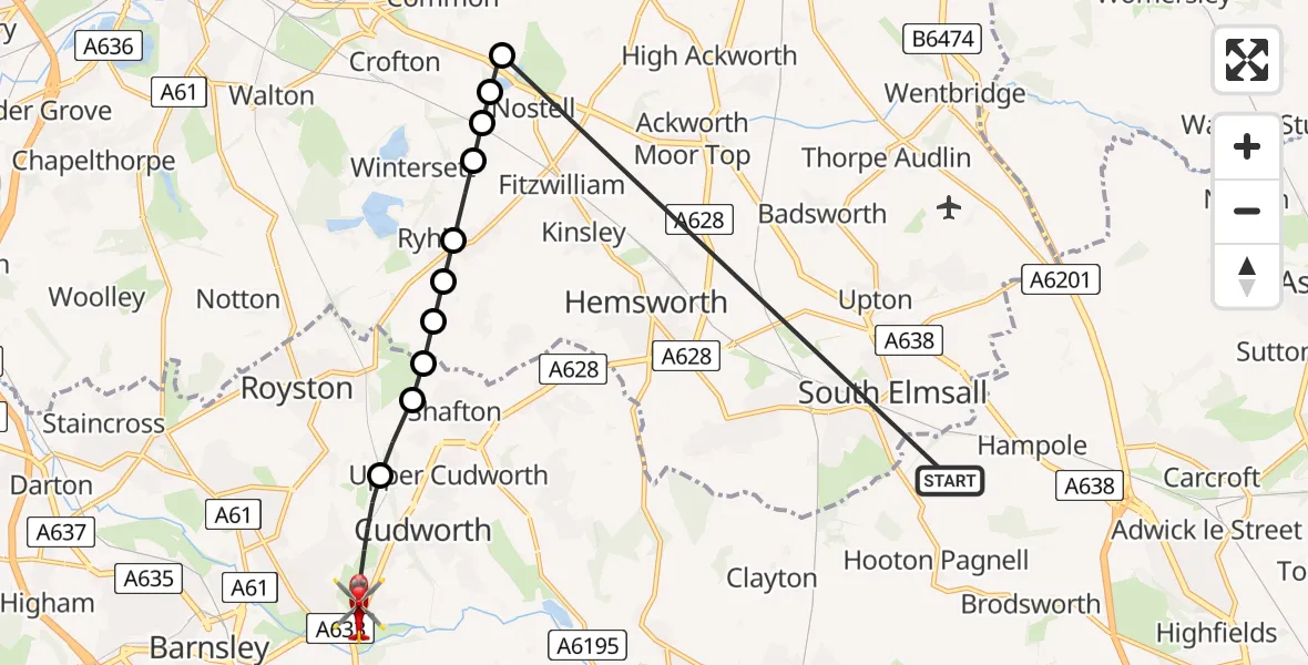 Flight route Air Ambulance Helicopter Hooton Pagnell - Cudworth, 07 May 2026, 19:53