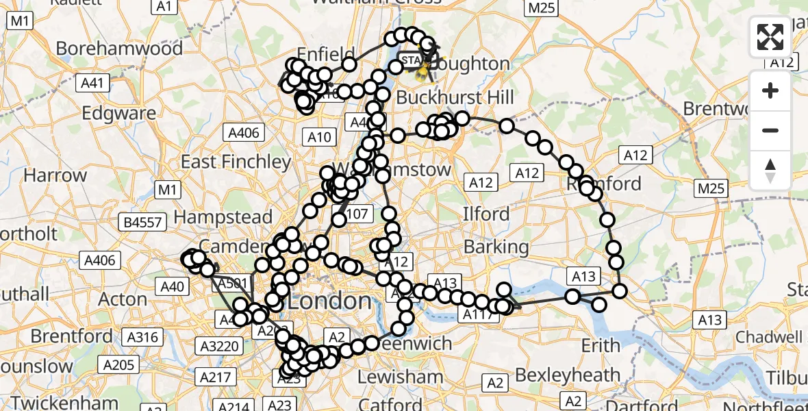 Flight route Police Helicopter Sewardstonebury - Sewardstonebury, 07 May 2026, 20:02