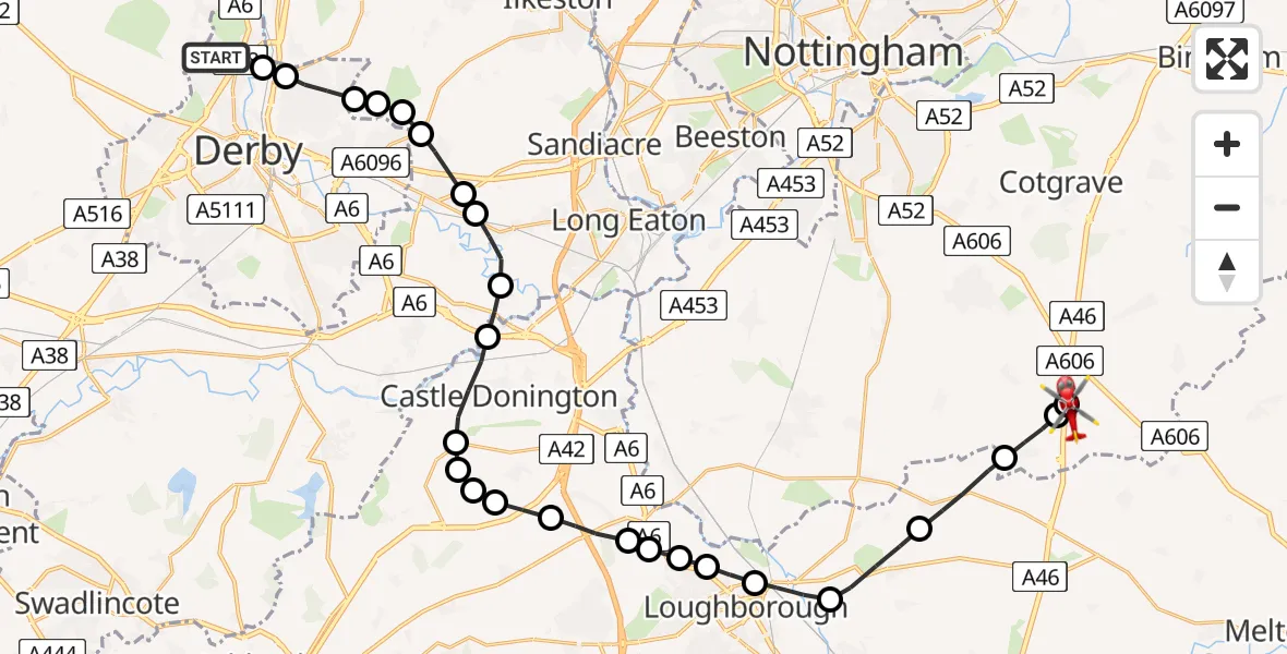 Flight route Air Ambulance Helicopter Allestree - Nottingham Heliport, 07 May 2026, 20:07