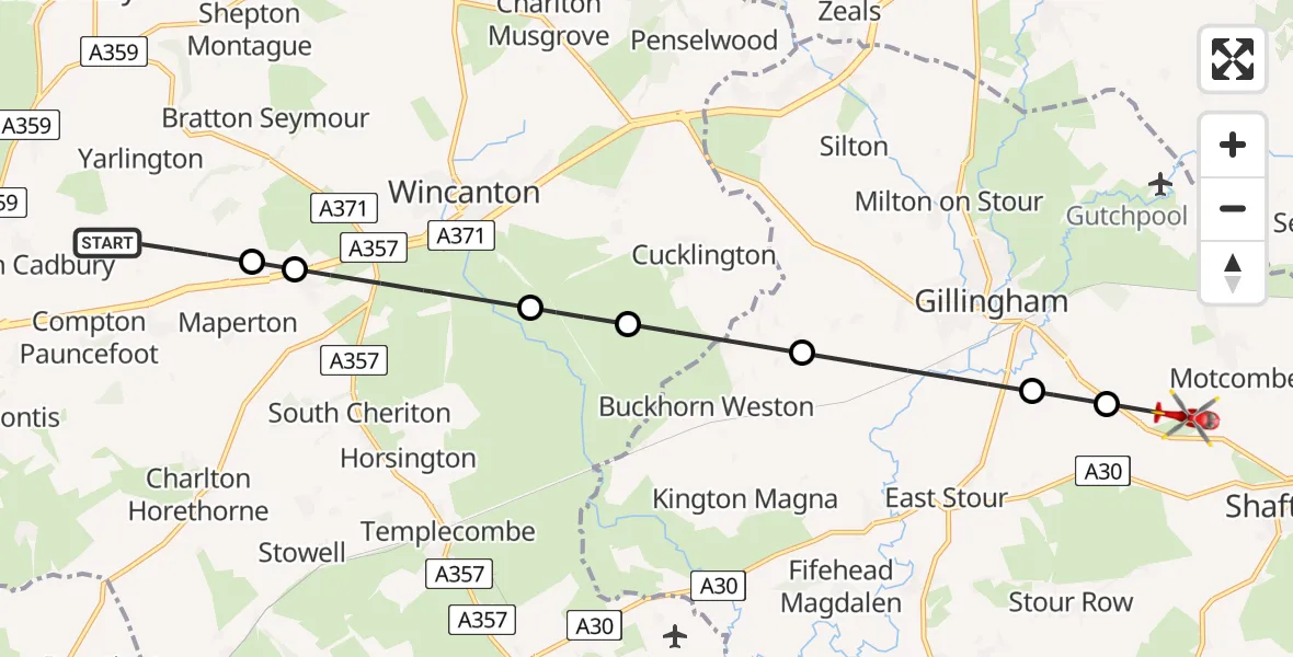 Flight route Air Ambulance Helicopter Woolston - Shaftesbury, 07 May 2026, 20:07