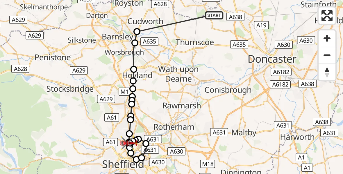 Flight route Air Ambulance Helicopter Hooton Pagnell - Sheffield Northern Hospital, 07 May 2026, 20:10