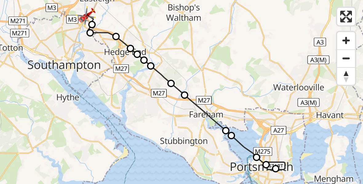 Flight route Air Ambulance Helicopter Fratton - Eastleigh, 07 May 2026, 20:38