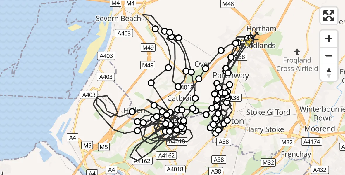 Flight route Police Helicopter Almondsbury Helicopter Base - Almondsbury Helicopter Base, 07 May 2026, 20:38