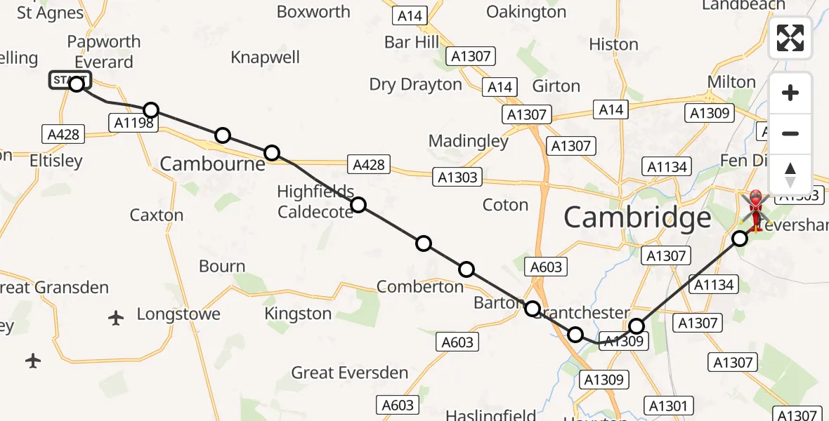 Flight route Air Ambulance Helicopter Huntingdonshire - Cambridge City Airport, 07 May 2026, 20:45