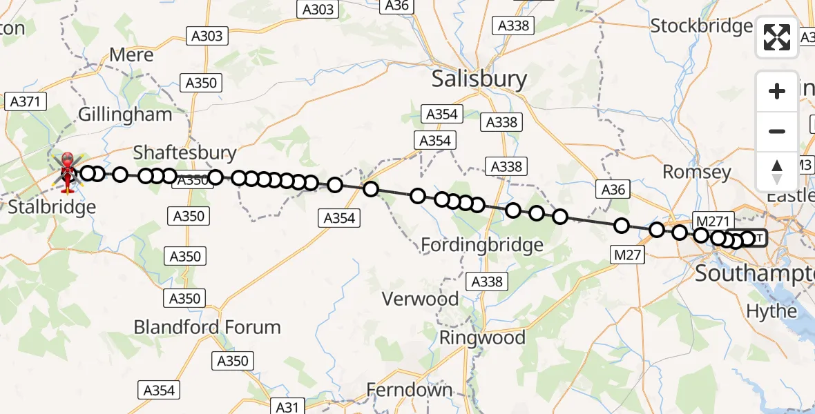 Flight route Air Ambulance Helicopter University Hospital Southampton - Henstridge Airfield, 07 May 2026, 20:46