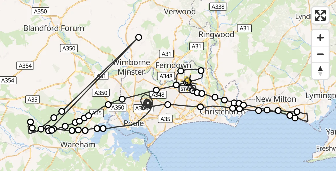 Flight route Police Helicopter Bournemouth - Bournemouth Airport, 07 May 2026, 20:49