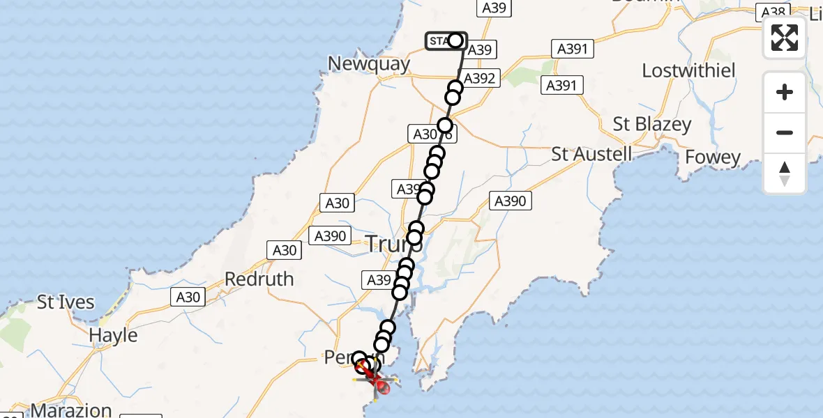 Flight route Air Ambulance Helicopter Cornwall Airport Newquay - Falmouth, 07 May 2026, 20:50
