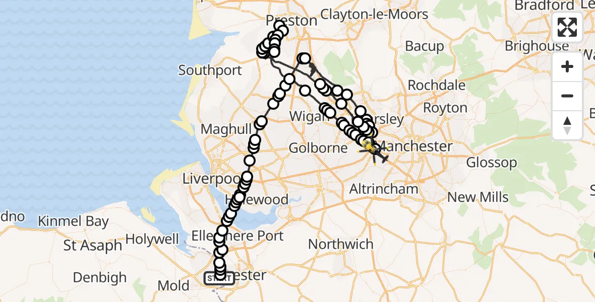 Flight route Police Helicopter Hawarden Airport - Flixton, 07 May 2026, 20:55