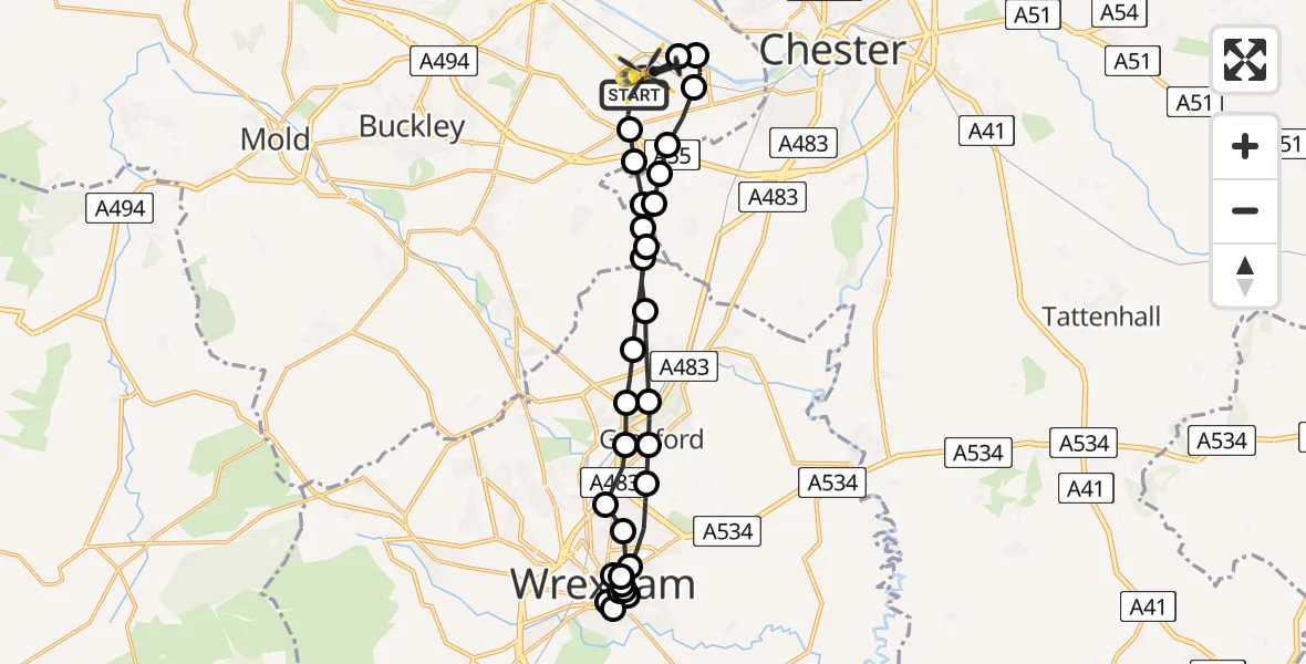 Flight route Police Helicopter Hawarden Airport - Hawarden Airport, 07 May 2026, 21:07