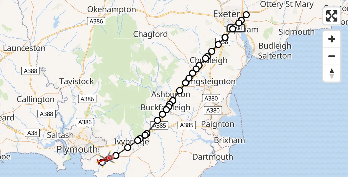 Flight route Air Ambulance Helicopter Topsham - Brixton, 07 May 2026, 21:08