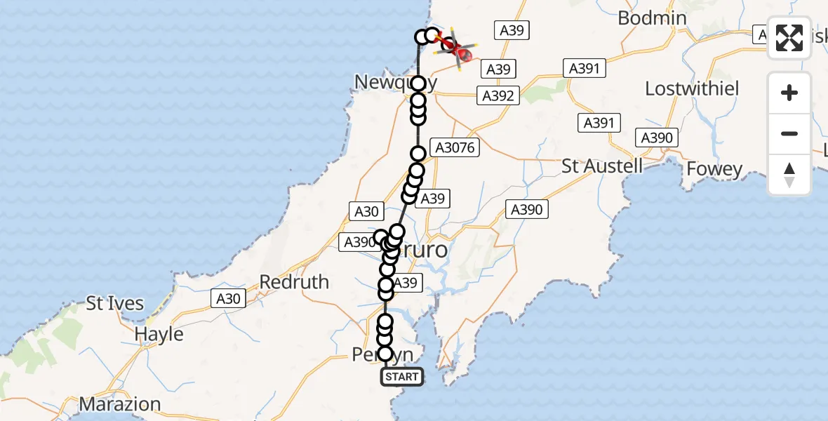 Flight route Air Ambulance Helicopter Falmouth - Cornwall Airport Newquay, 07 May 2026, 21:13