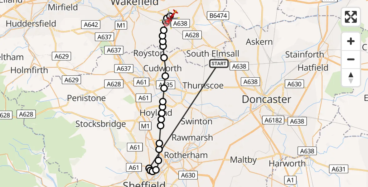 Flight route Air Ambulance Helicopter Hooton Pagnell - YAA Nostell Helicopter Port, 07 May 2026, 21:19