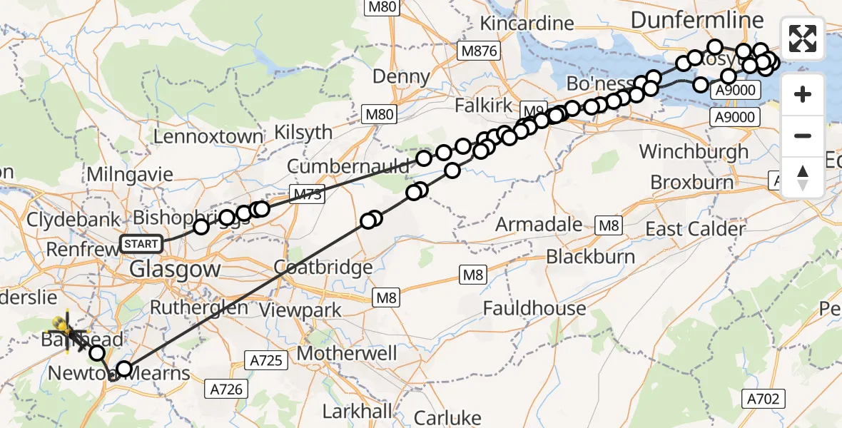 Flight route Police Helicopter Glasgow - Barrhead, 07 May 2026, 21:32