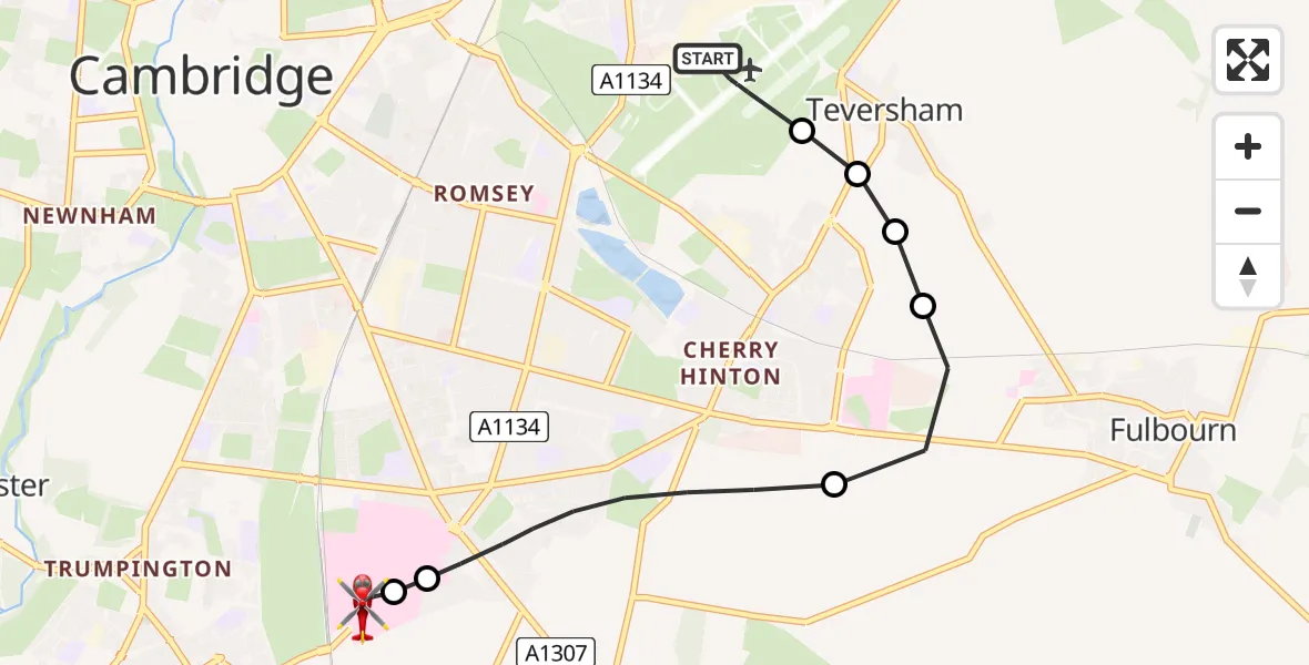 Flight route Air Ambulance Helicopter Cambridge City Airport - Papworth Hospital, 07 May 2026, 21:38