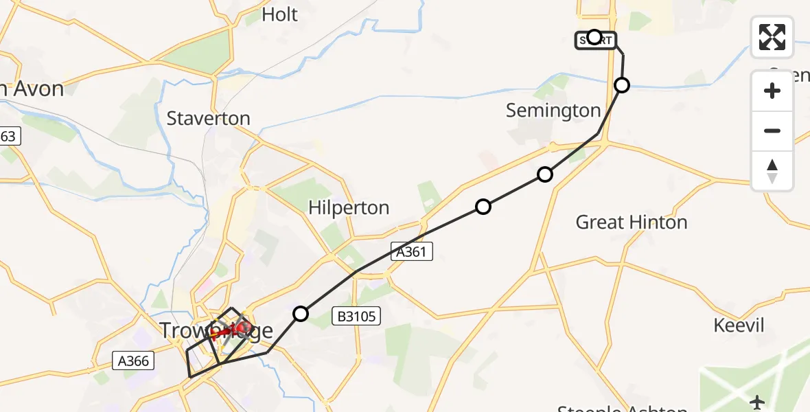 Flight route Air Ambulance Helicopter Wiltshire Air Ambulance - Trowbridge, 07 May 2026, 21:48