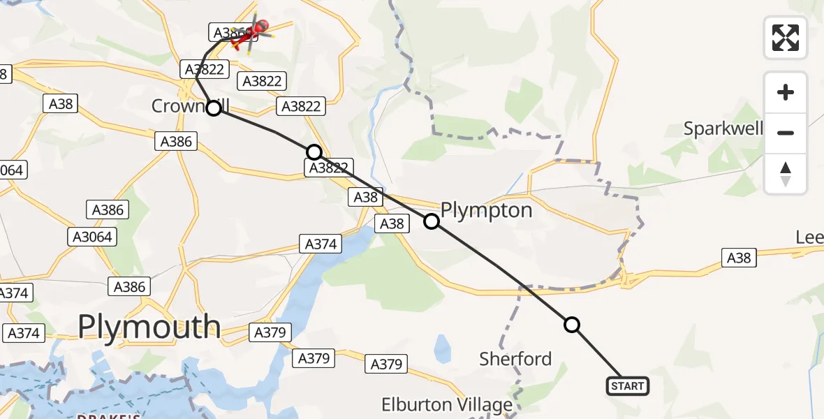 Flight route Air Ambulance Helicopter Brixton - Crownhill, 07 May 2026, 21:57