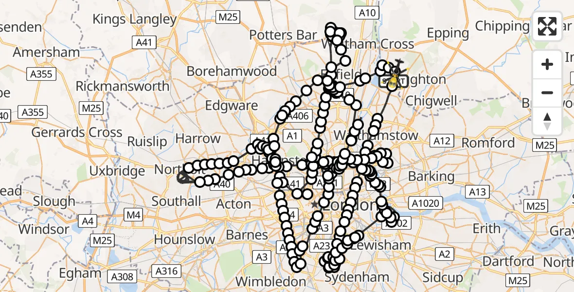 Flight route Police Helicopter Sewardstonebury - Metropolitan Police Air Support Unit Lippitts Hill, 07 May 2026, 22:02