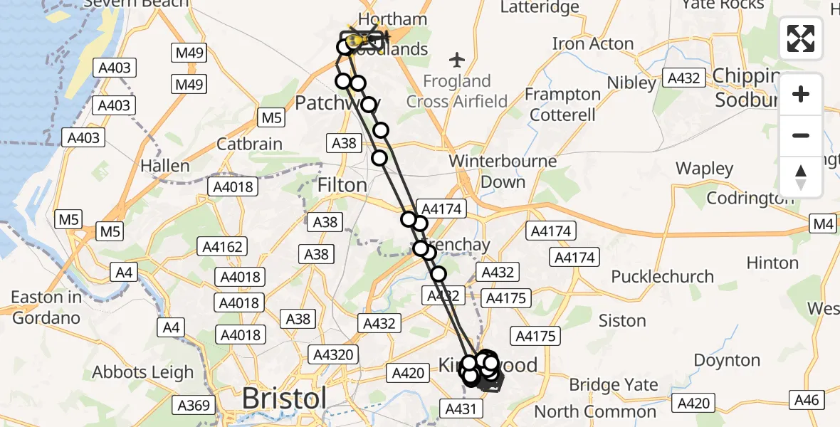 Flight route Police Helicopter Almondsbury Helicopter Base - Almondsbury Helicopter Base, 07 May 2026, 22:03