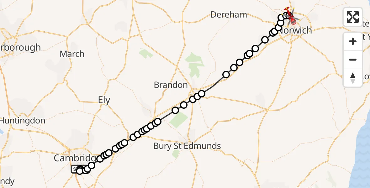 Flight route Air Ambulance Helicopter Papworth Hospital - Norwich Airport, 07 May 2026, 22:19