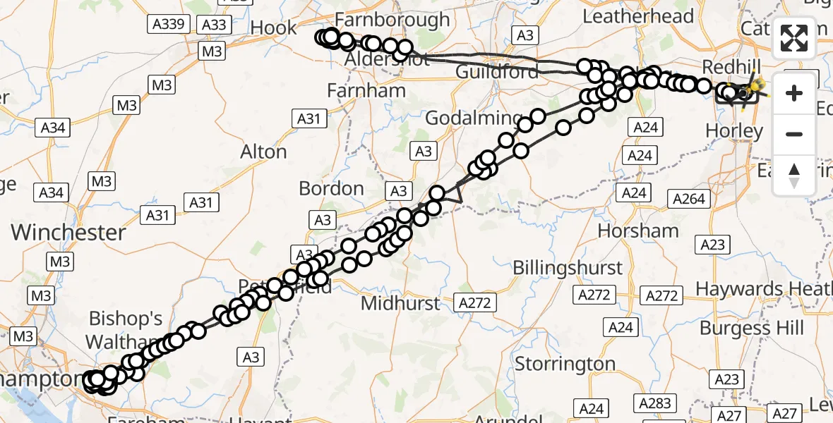 Flight route Police Helicopter Salfords - Redhill Aerodrome, 07 May 2026, 22:50