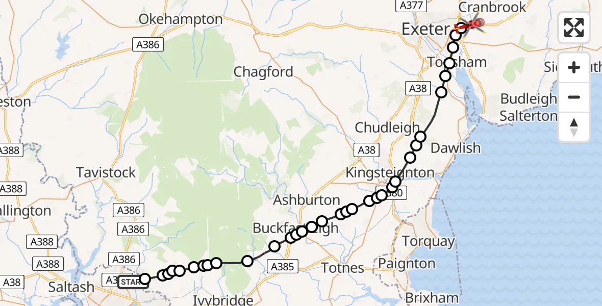 Flight route Air Ambulance Helicopter Plympton - East Devon, 07 May 2026, 22:55