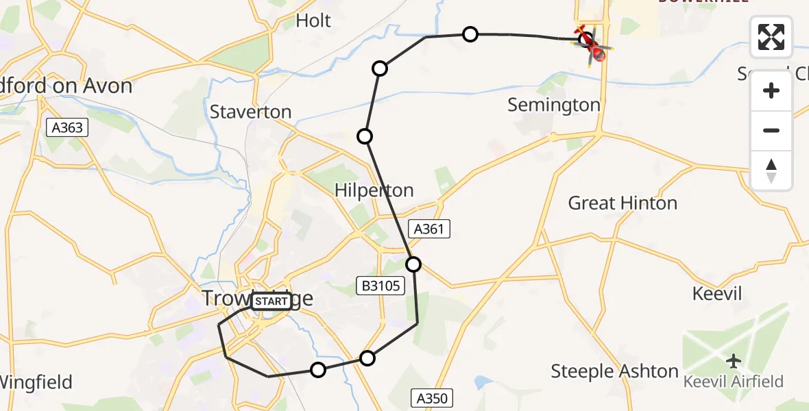 Flight route Air Ambulance Helicopter Trowbridge - Wiltshire Air Ambulance, 07 May 2026, 22:55