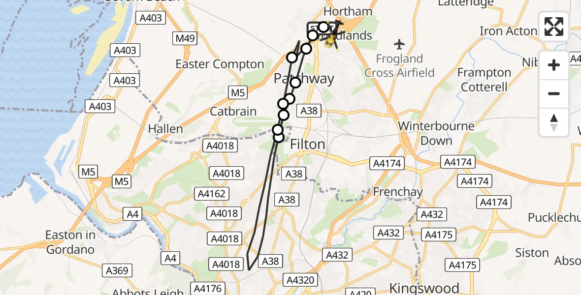 Flight route Police Helicopter Almondsbury Helicopter Base - Almondsbury Helicopter Base, 07 May 2026, 23:08