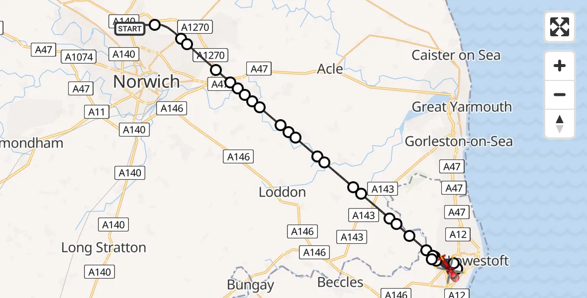 Flight route Air Ambulance Helicopter Norwich Airport - Oulton Broad, 07 May 2026, 23:43