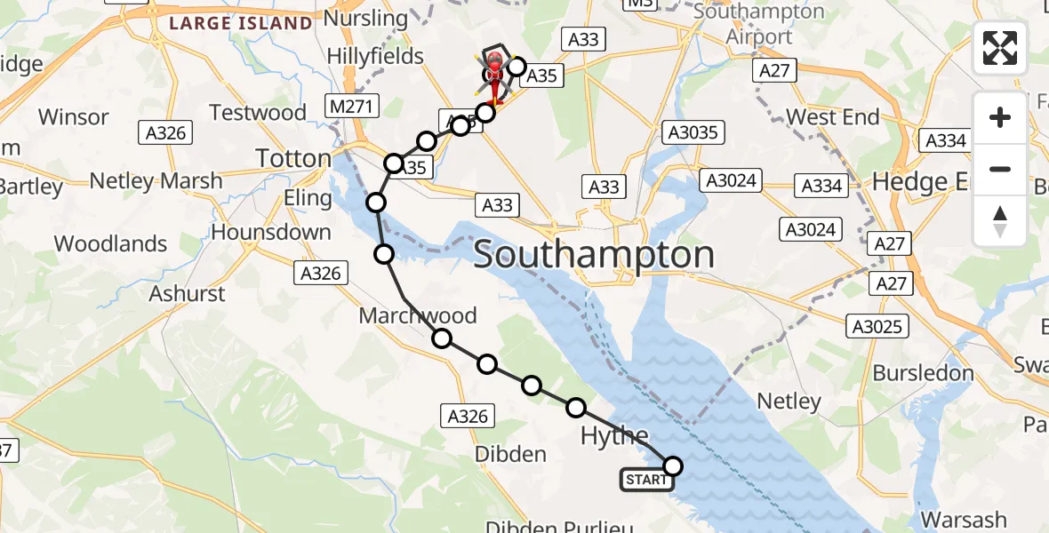Flight route Air Ambulance Helicopter Hythe - University Hospital Southampton, 08 May 2026, 00:50