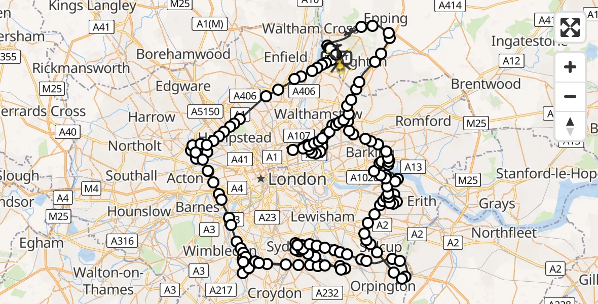 Flight route Police Helicopter Metropolitan Police Air Support Unit Lippitts Hill - Sewardstonebury, 08 May 2026, 00:58