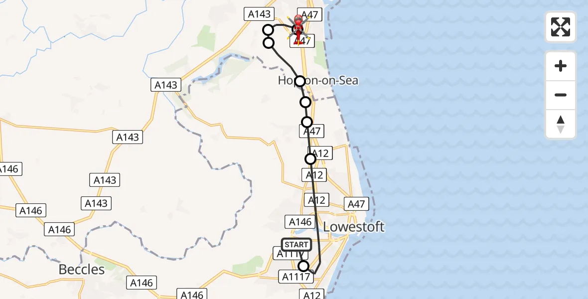 Flight route Air Ambulance Helicopter Oulton Broad - James Paget Hospital, 08 May 2026, 01:03