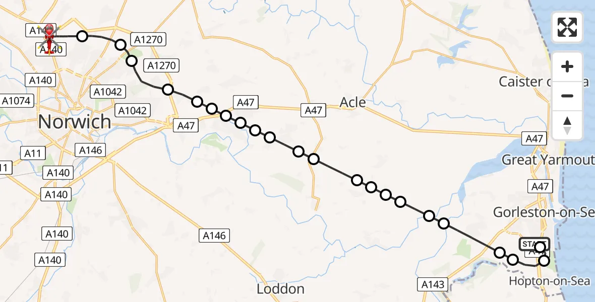 Flight route Air Ambulance Helicopter James Paget Hospital - Norwich Airport, 08 May 2026, 01:49