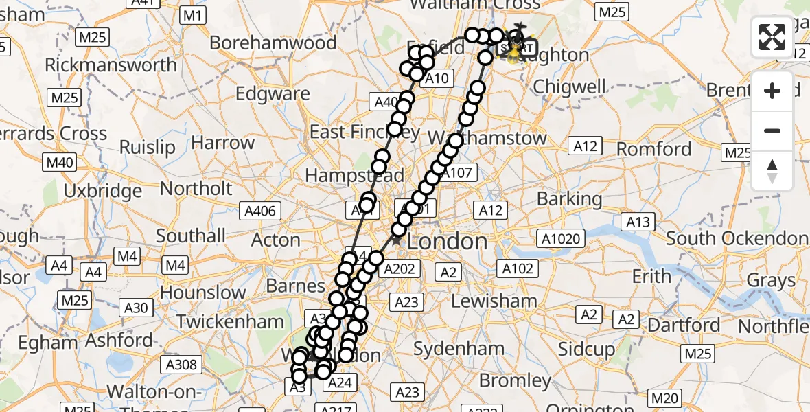 Flight route Police Helicopter Metropolitan Police Air Support Unit Lippitts Hill - Metropolitan Police Air Support Unit Lippitts Hill, 08 May 2026, 02:48