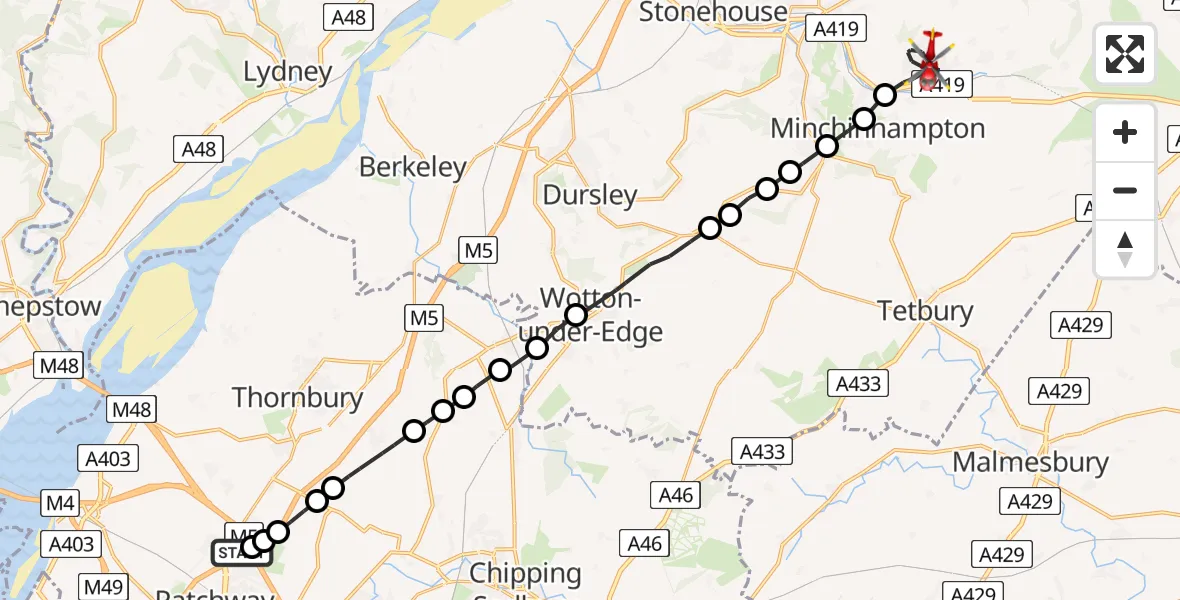 Flight route Air Ambulance Helicopter Almondsbury Helicopter Base - Stroud, 08 May 2026, 06:24