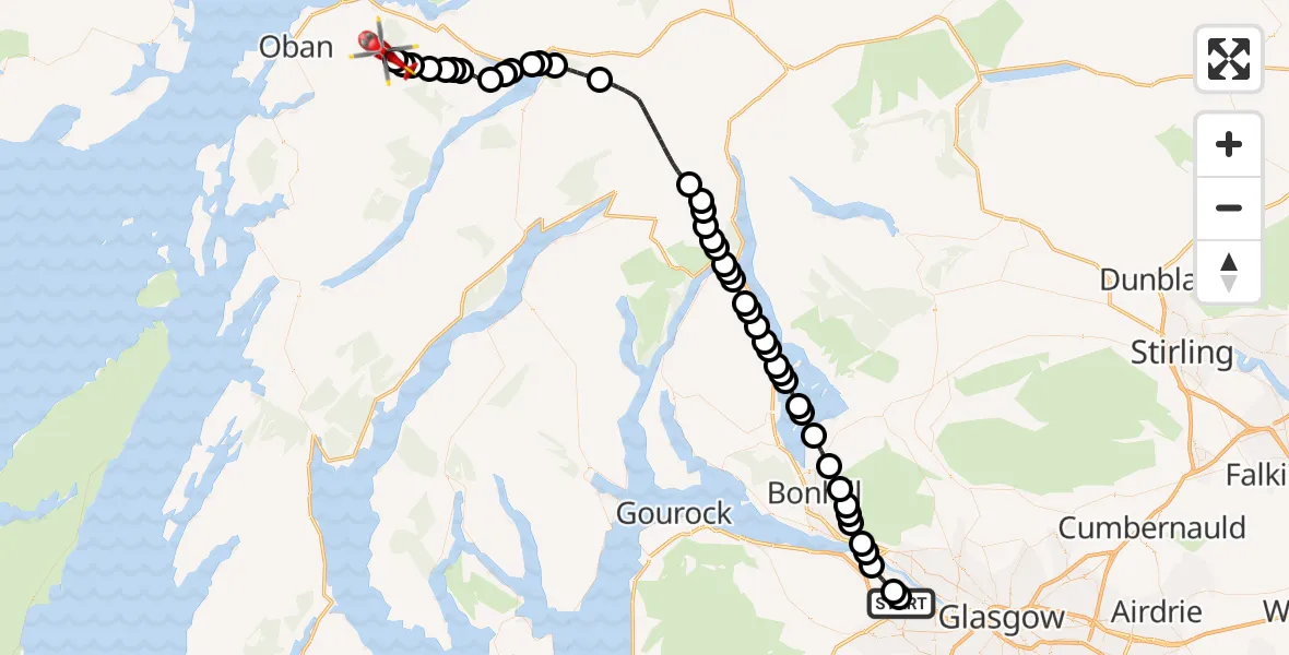 Flight route Air Ambulance Helicopter Glasgow Airport - Argyll and Bute, 08 May 2026, 06:53