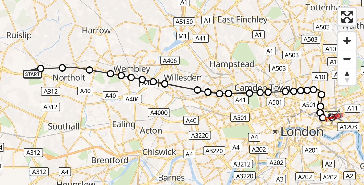 Flight route Air Ambulance Helicopter RAF Northolt - Royal London Hospital, 08 May 2026, 07:02