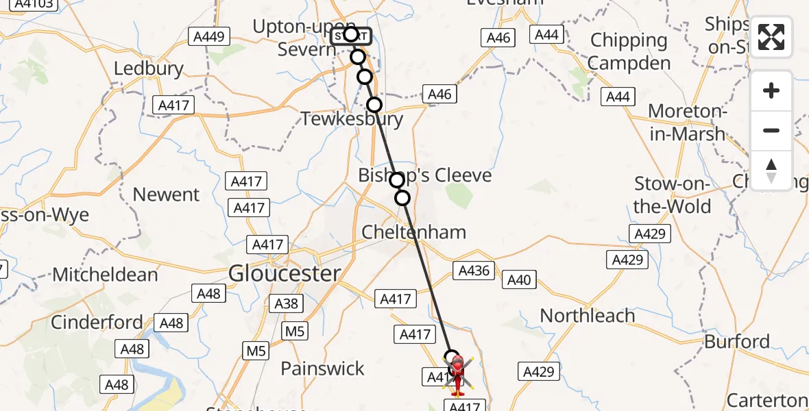 Flight route Air Ambulance Helicopter Hill Croome - Woodmancote, 08 May 2026, 07:14