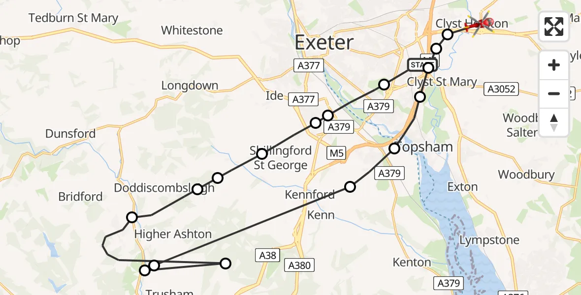 Flight route Air Ambulance Helicopter Exeter - Clyst Honiton, 08 May 2026, 07:15