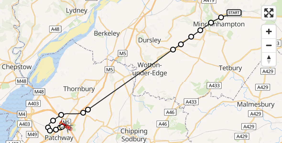 Flight route Air Ambulance Helicopter Stroud - Almondsbury Helicopter Base, 08 May 2026, 07:16