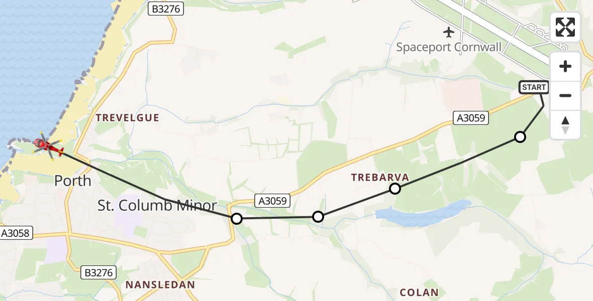 Flight route Air Ambulance Helicopter Cornwall Airport Newquay - Newquay, 08 May 2026, 07:17