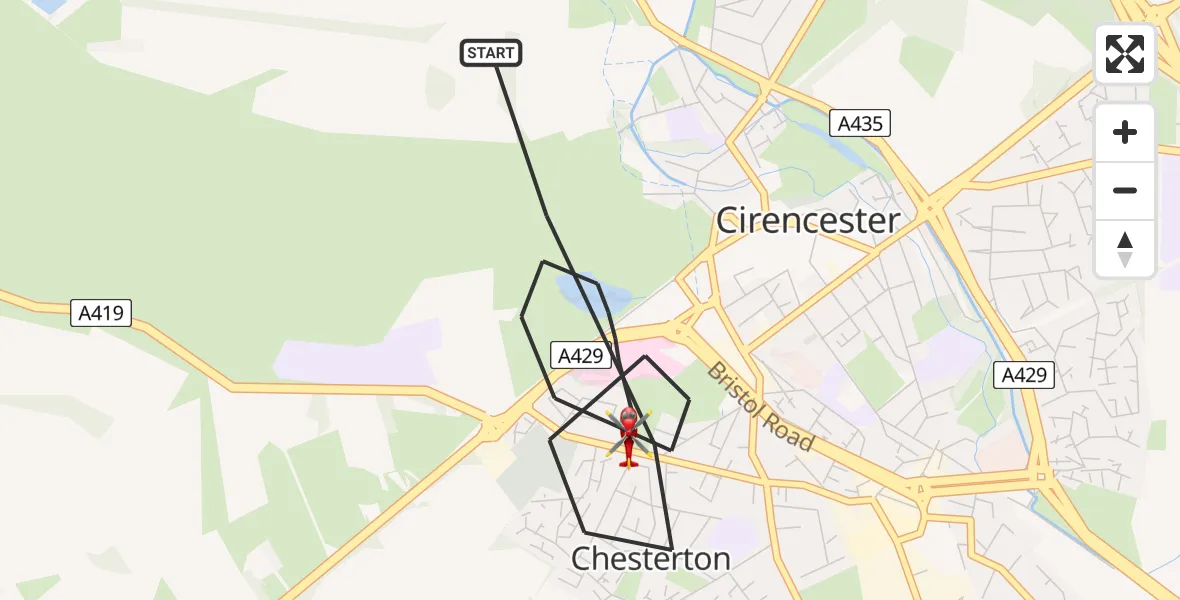 Flight route Air Ambulance Helicopter Cirencester - Cirencester, 08 May 2026, 07:26