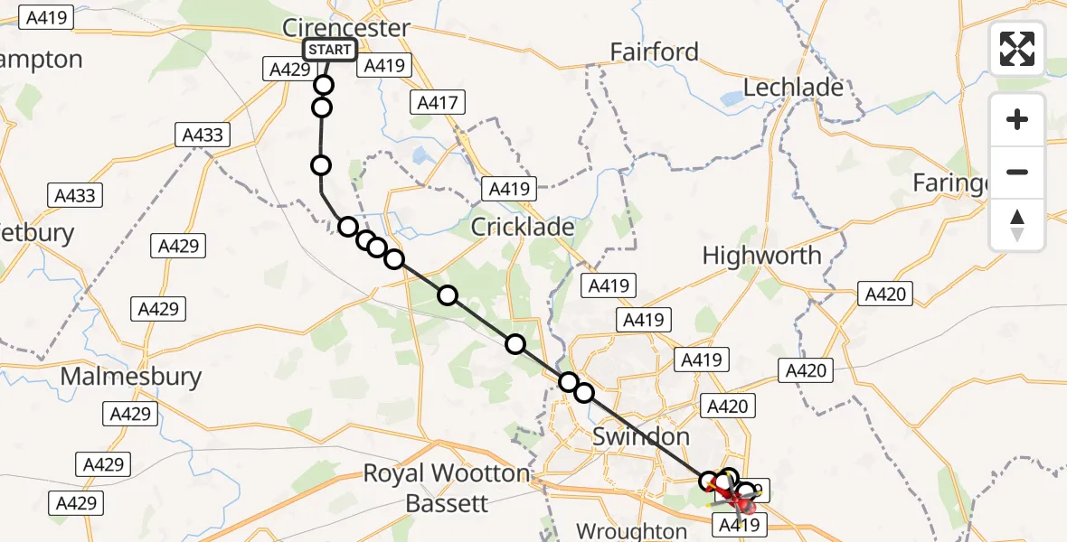 Flight route Air Ambulance Helicopter Cirencester - Great Western Hospital, 08 May 2026, 07:34