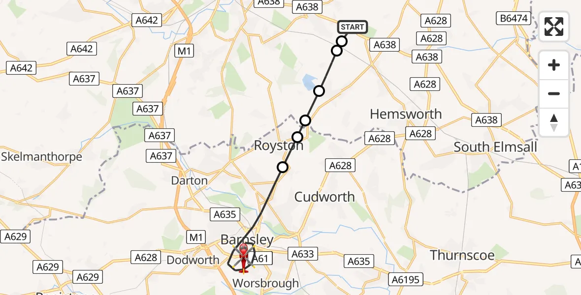 Flight route Air Ambulance Helicopter YAA Nostell Helicopter Port - Barnsley, 08 May 2026, 07:57