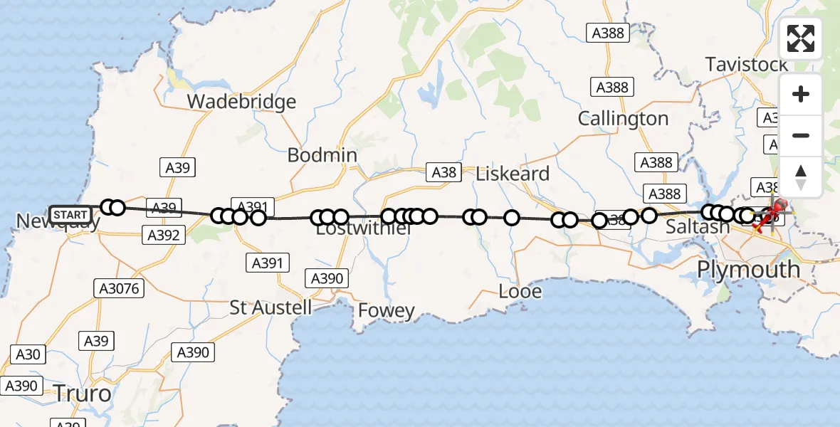 Flight route Air Ambulance Helicopter Newquay - Derriford Hospital, 08 May 2026, 08:03